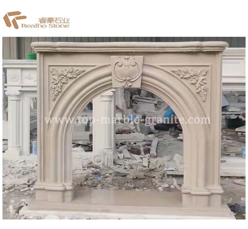 Beige marble fireplace