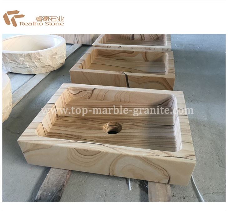 Yellow Wooden Sandstone Washroom Rectangle Basin for Hotel