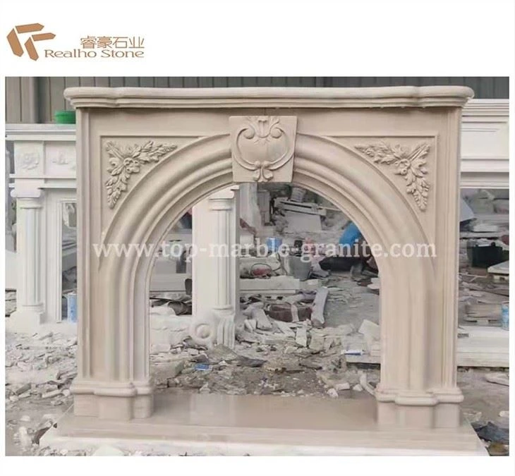 Beige marble fireplace